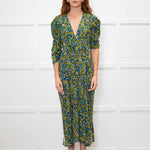 Victoria Beckham Black Blue Yellow Floral Long Sleeve Silk Dress