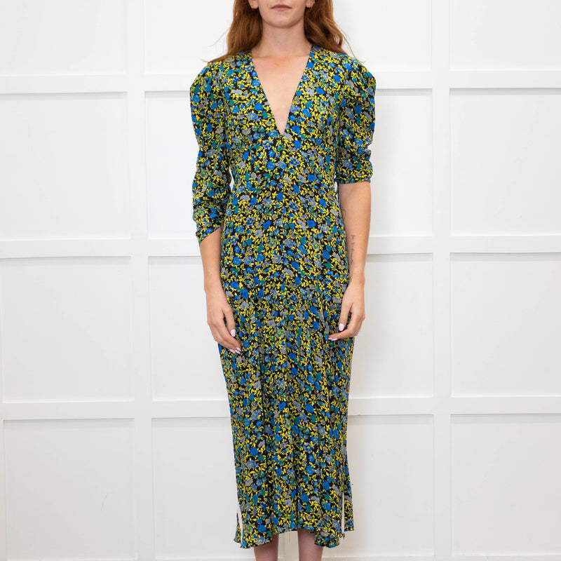 Victoria Beckham Black Blue Yellow Floral Long Sleeve Silk Dress