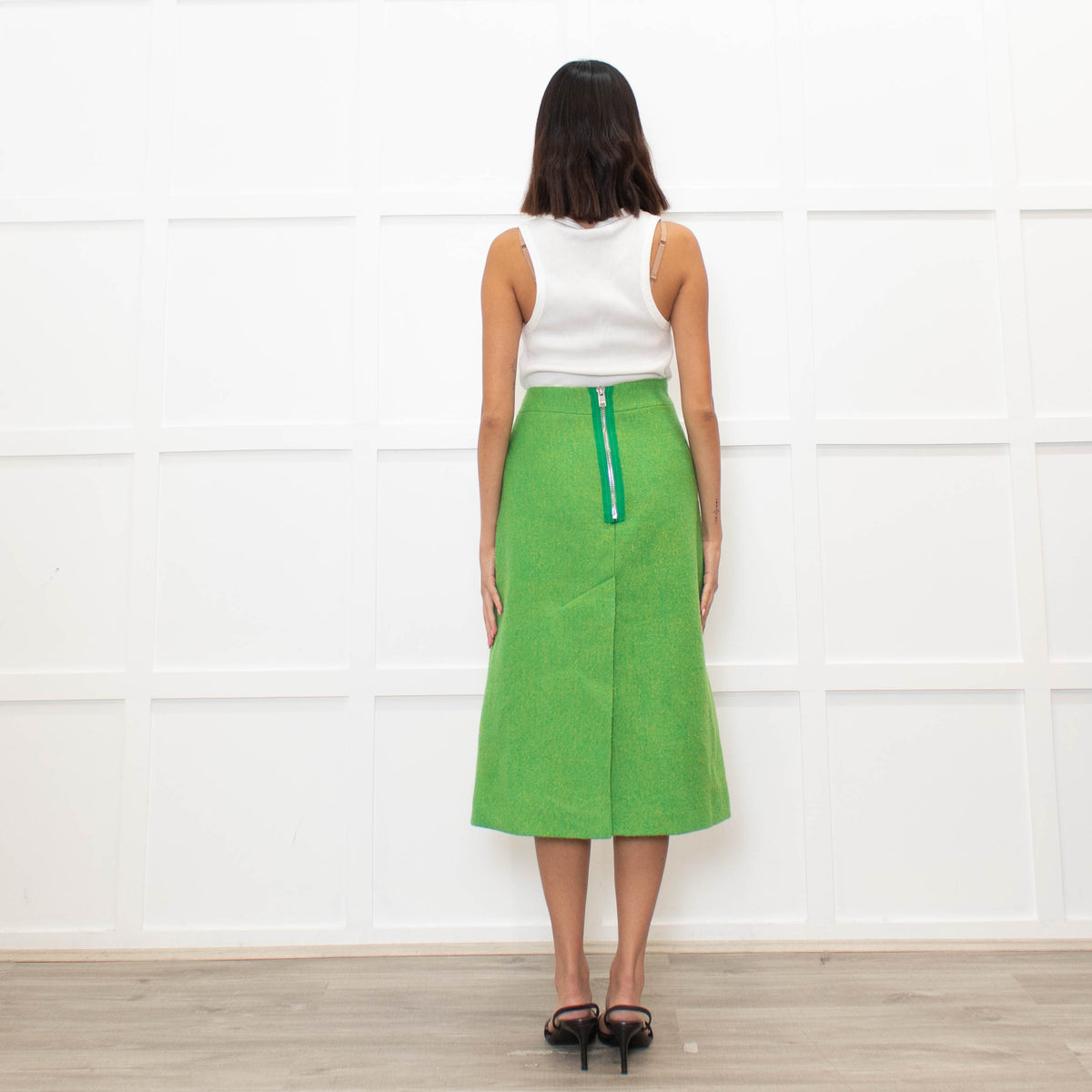 Ganni Lime Green Yellow Virgin Wool Tweedy A Line Skirt