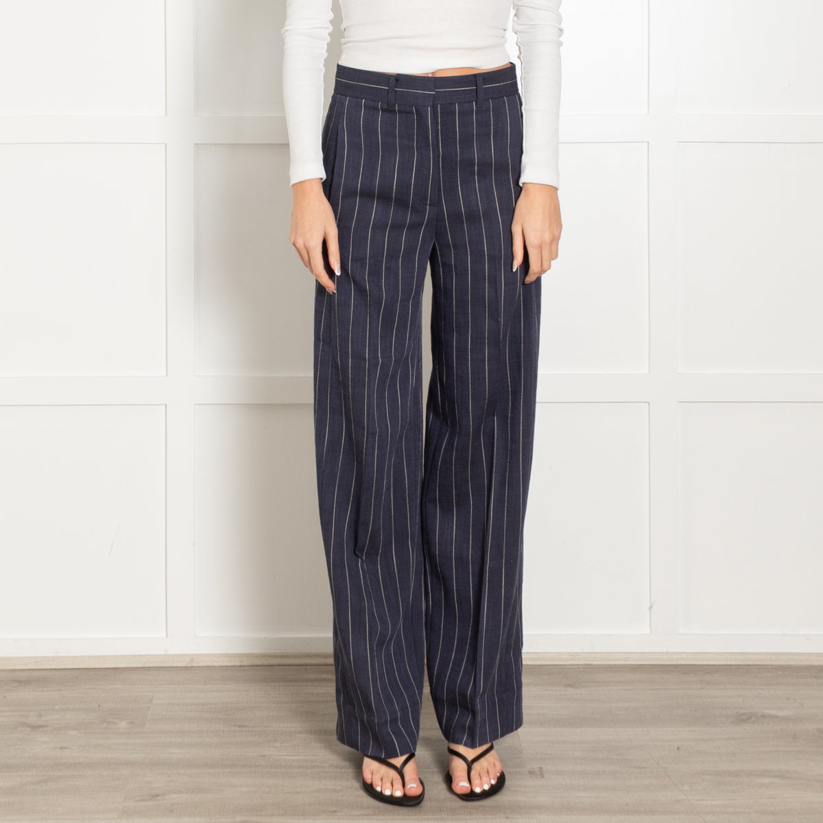 Me + Em Navy White Pinstripe Wide Leg Trousers