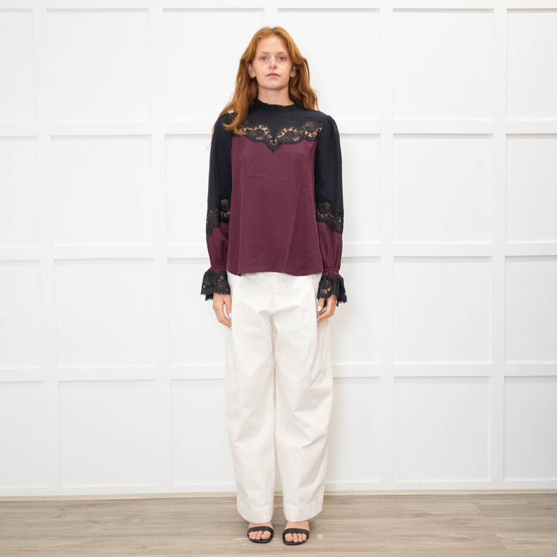 Me + Em Purple And Black Silk And Lace Colour Block Blouse