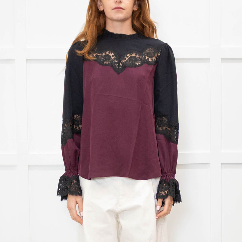 Me + Em Purple And Black Silk And Lace Colour Block Blouse