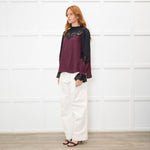 Me + Em Purple And Black Silk And Lace Colour Block Blouse
