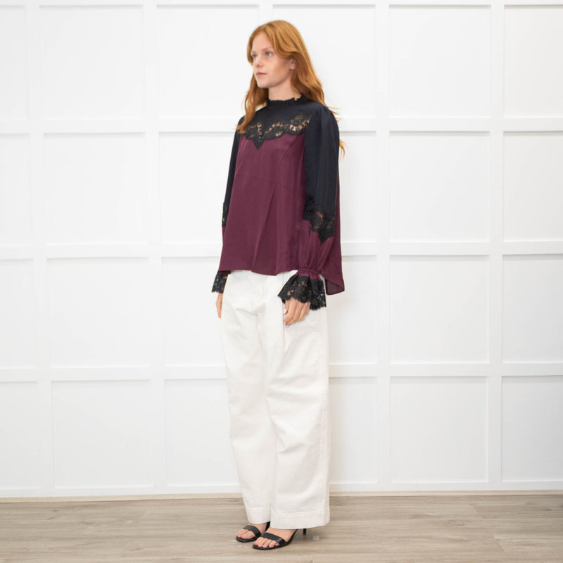 Me + Em Purple And Black Silk And Lace Colour Block Blouse