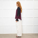 Me + Em Purple And Black Silk And Lace Colour Block Blouse