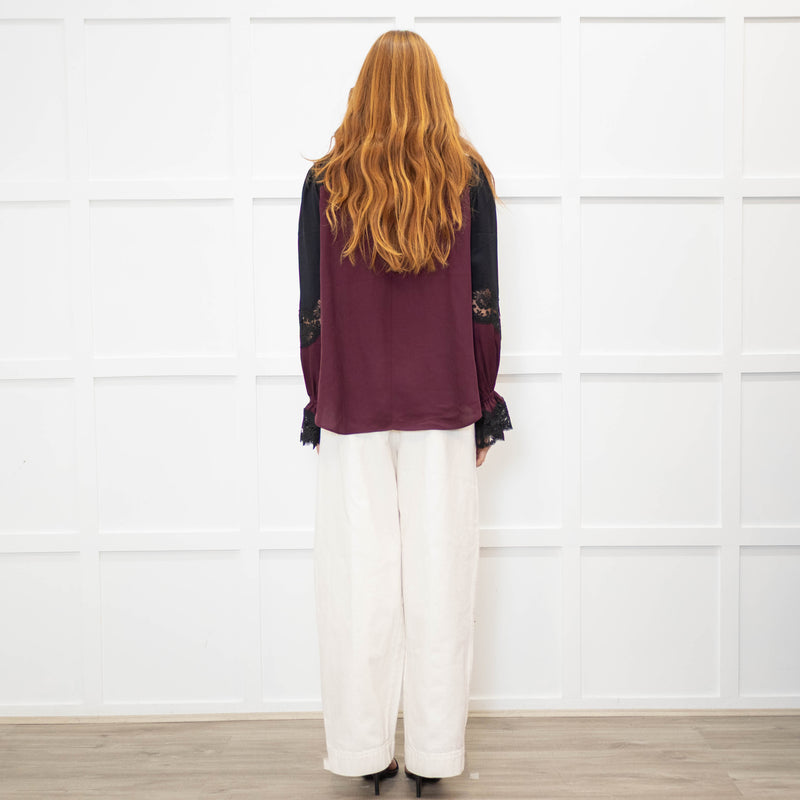 Me + Em Purple And Black Silk And Lace Colour Block Blouse