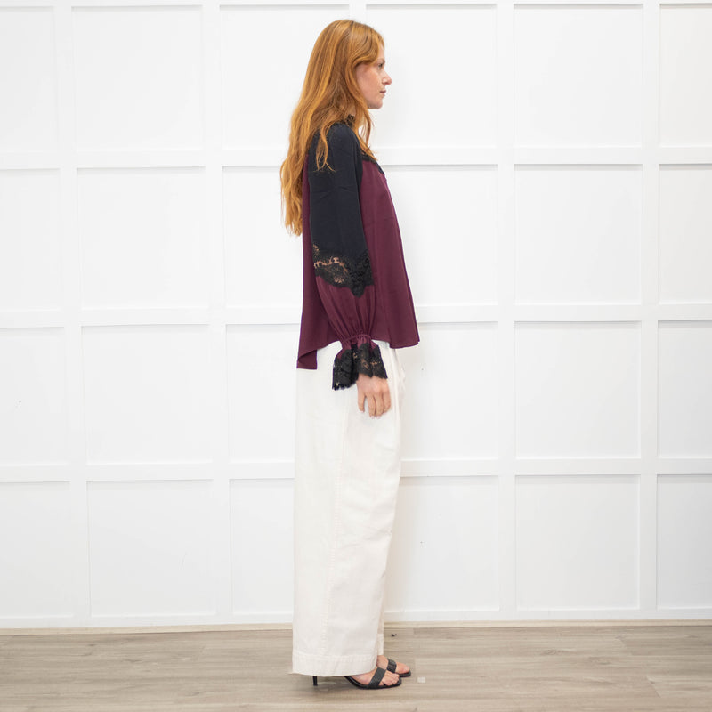 Me + Em Purple And Black Silk And Lace Colour Block Blouse