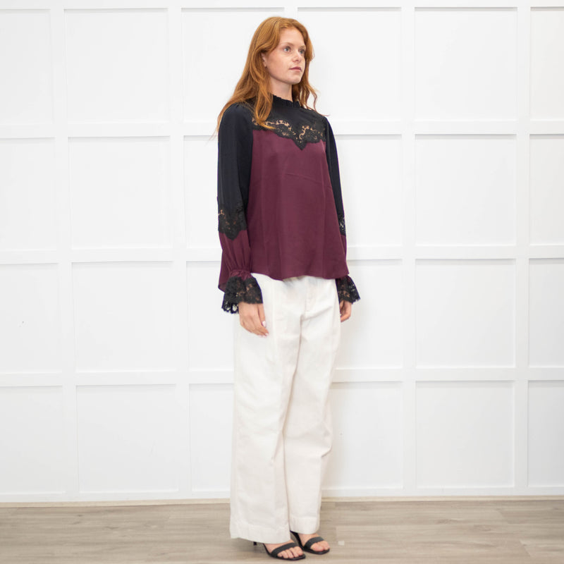Me + Em Purple And Black Silk And Lace Colour Block Blouse