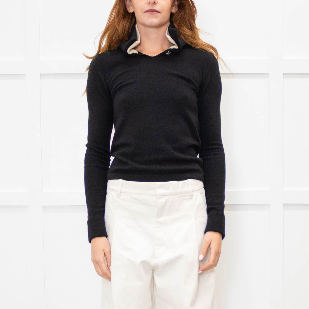 Chanel Black Cashmere Sweater With Cream Inset Collar