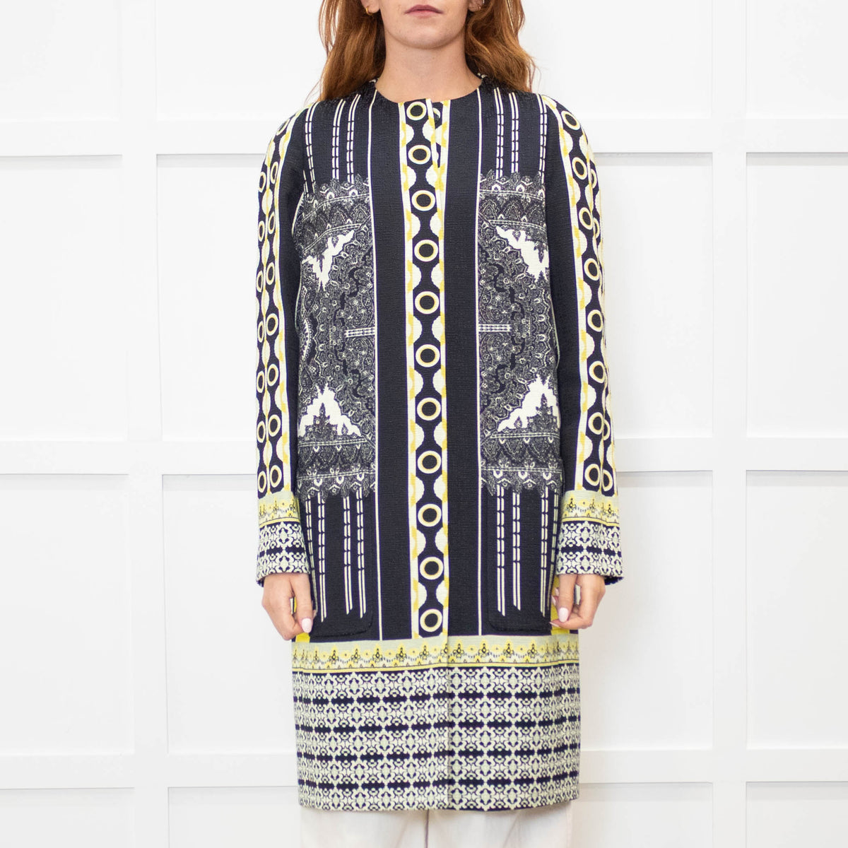 Etro Black, Yellow & White Patterned Shift Coat
