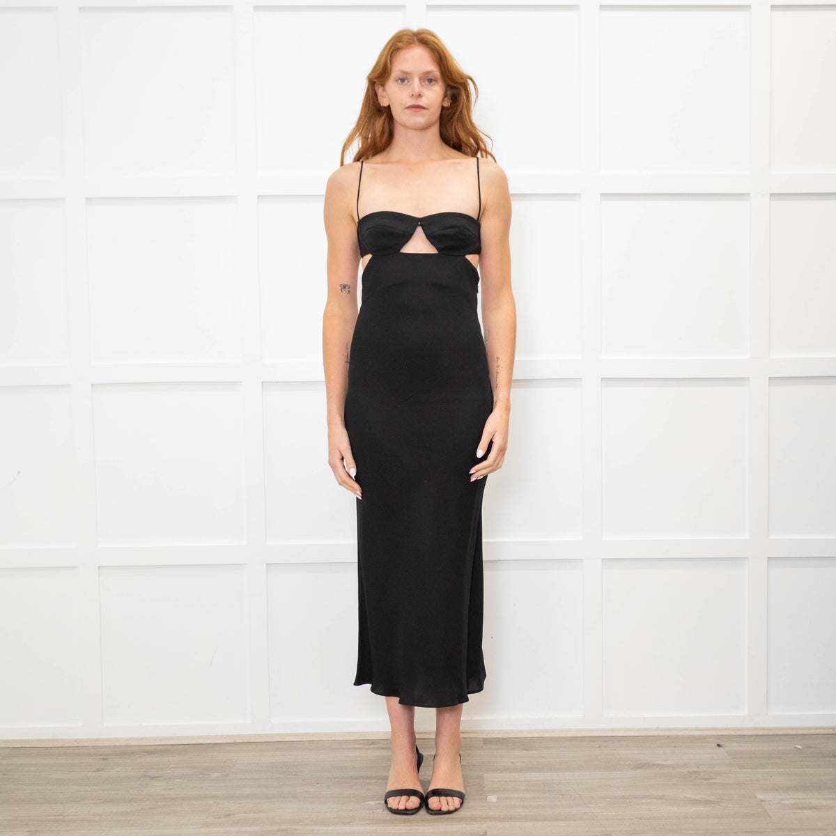 St Agni Black Cutaway Midi Dress with Spaghetti Straps