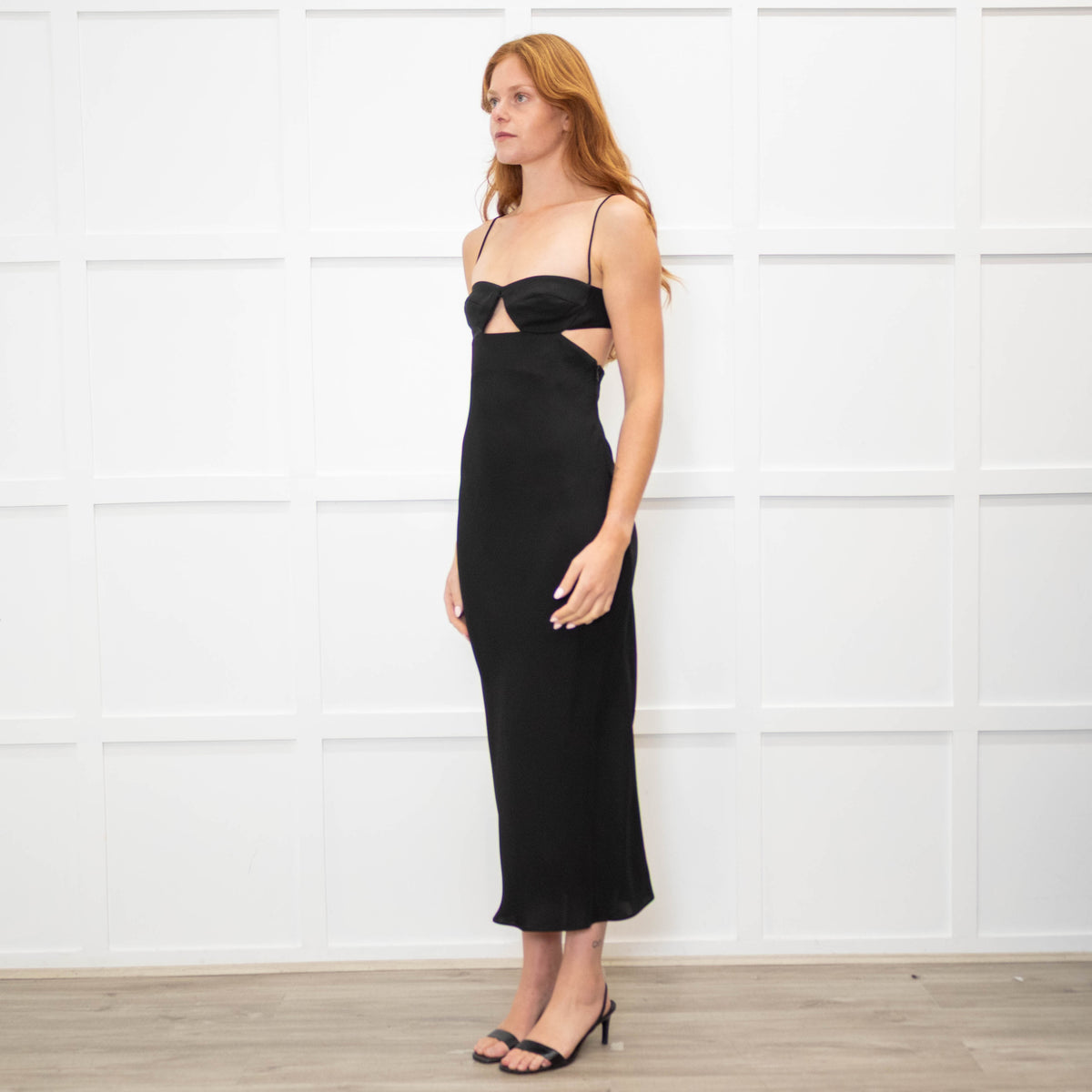 St Agni Black Cutaway Midi Dress with Spaghetti Straps