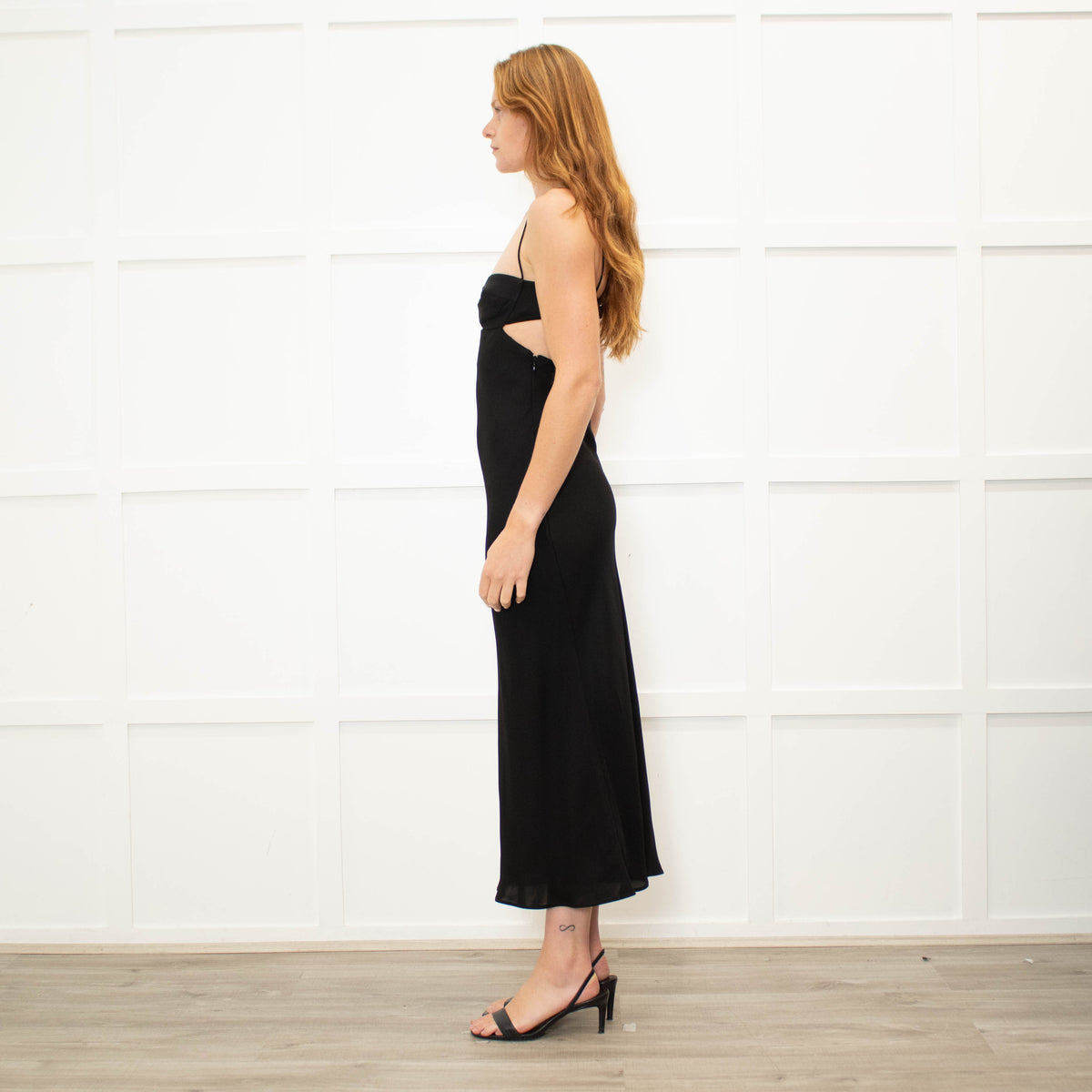 St Agni Black Cutaway Midi Dress with Spaghetti Straps