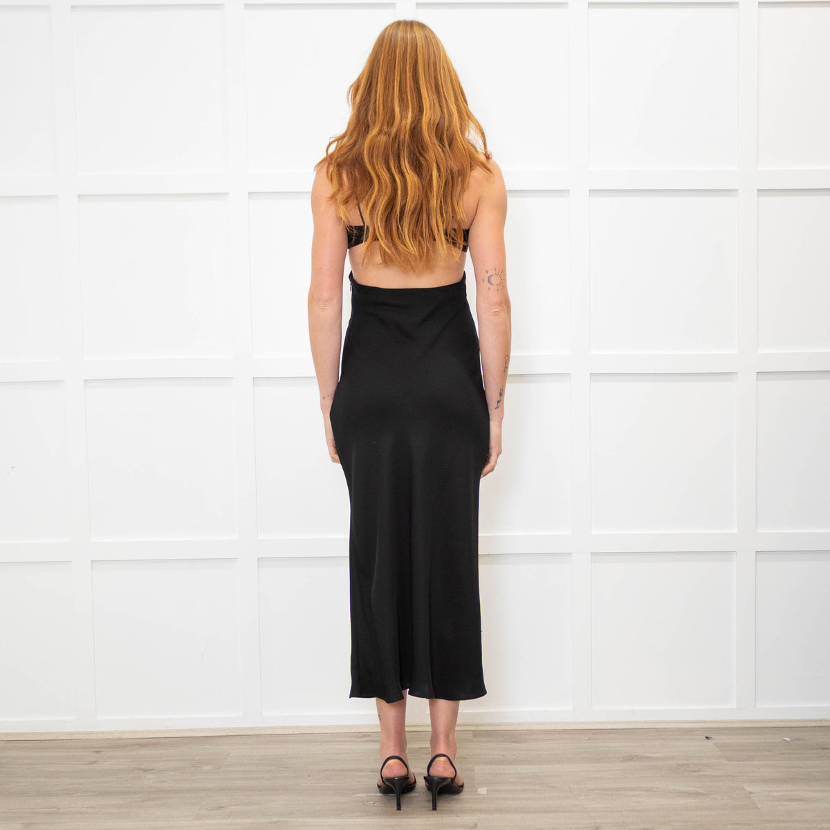 St Agni Black Cutaway Midi Dress with Spaghetti Straps