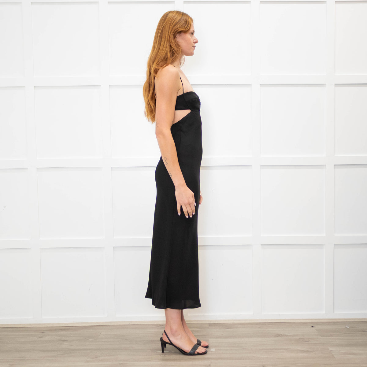 St Agni Black Cutaway Midi Dress with Spaghetti Straps