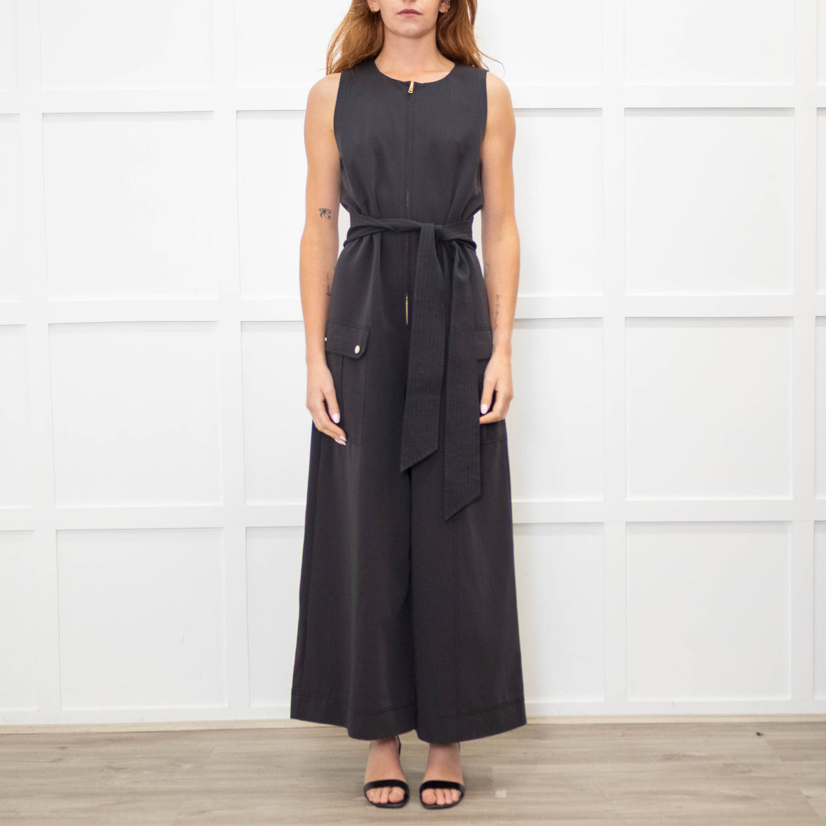 Me + Em Black Zip Front Patch Pocket Jumpsuit