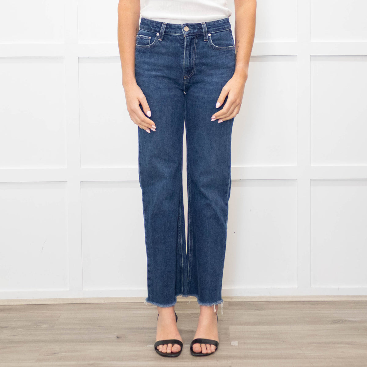 Paige Dark Blue Straight Leg Jeans With Pocket stitch