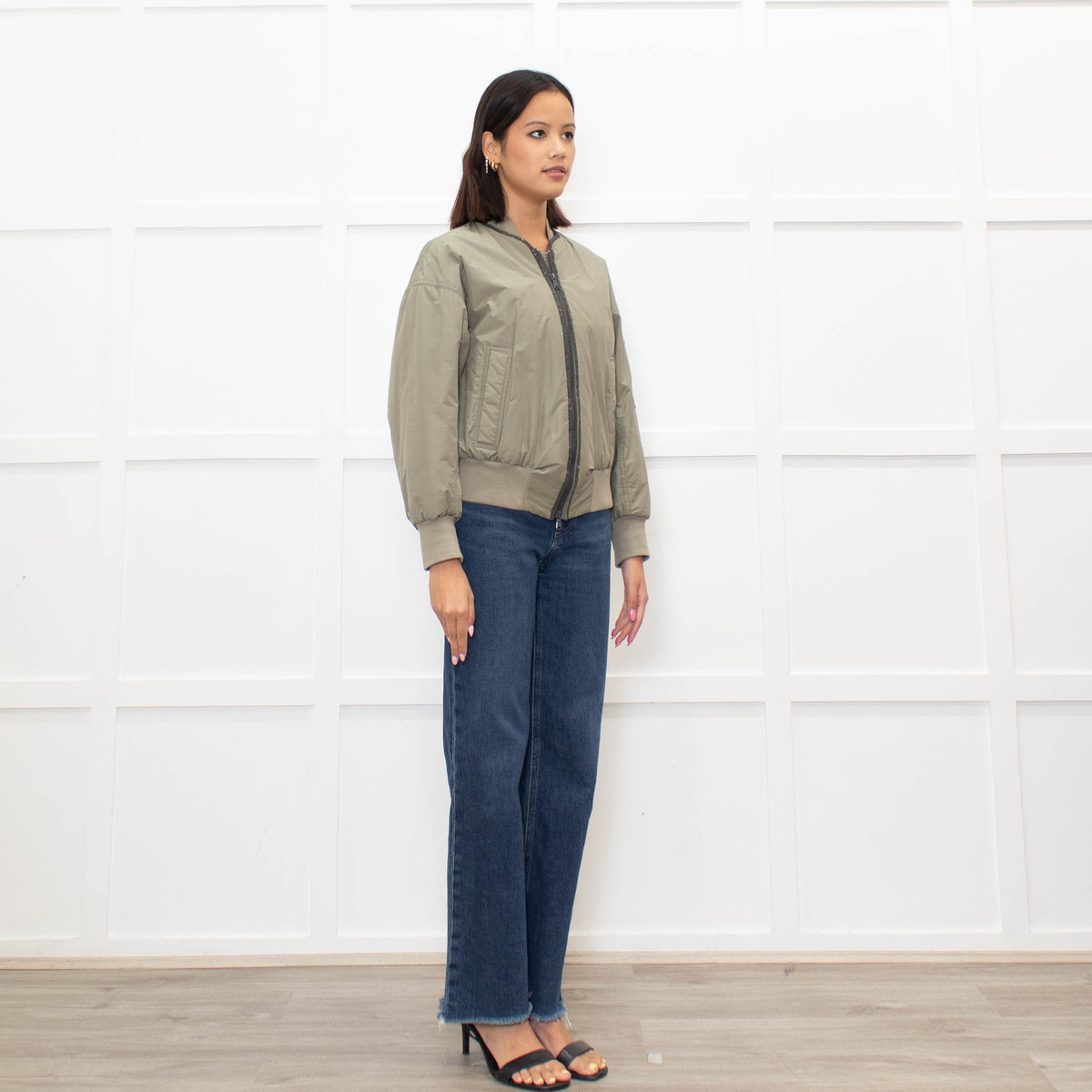 Brunello Cucinelli Green Sparkle Trim Bomber Jacket