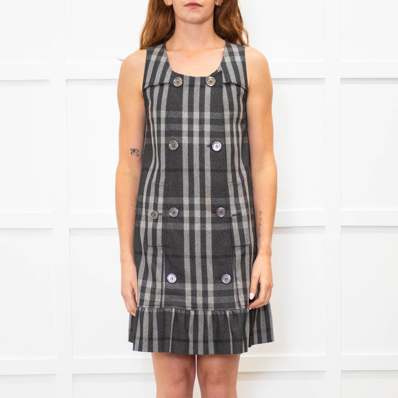 Burberry Dark + Light Grey Check Double Breasted Sleeveless Dress