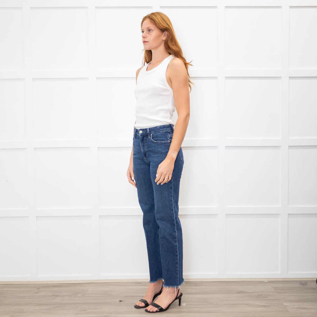 Paige Dark Blue Straight Leg Jeans With Pocket stitch