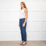 Paige Dark Blue Straight Leg Jeans With Pocket stitch