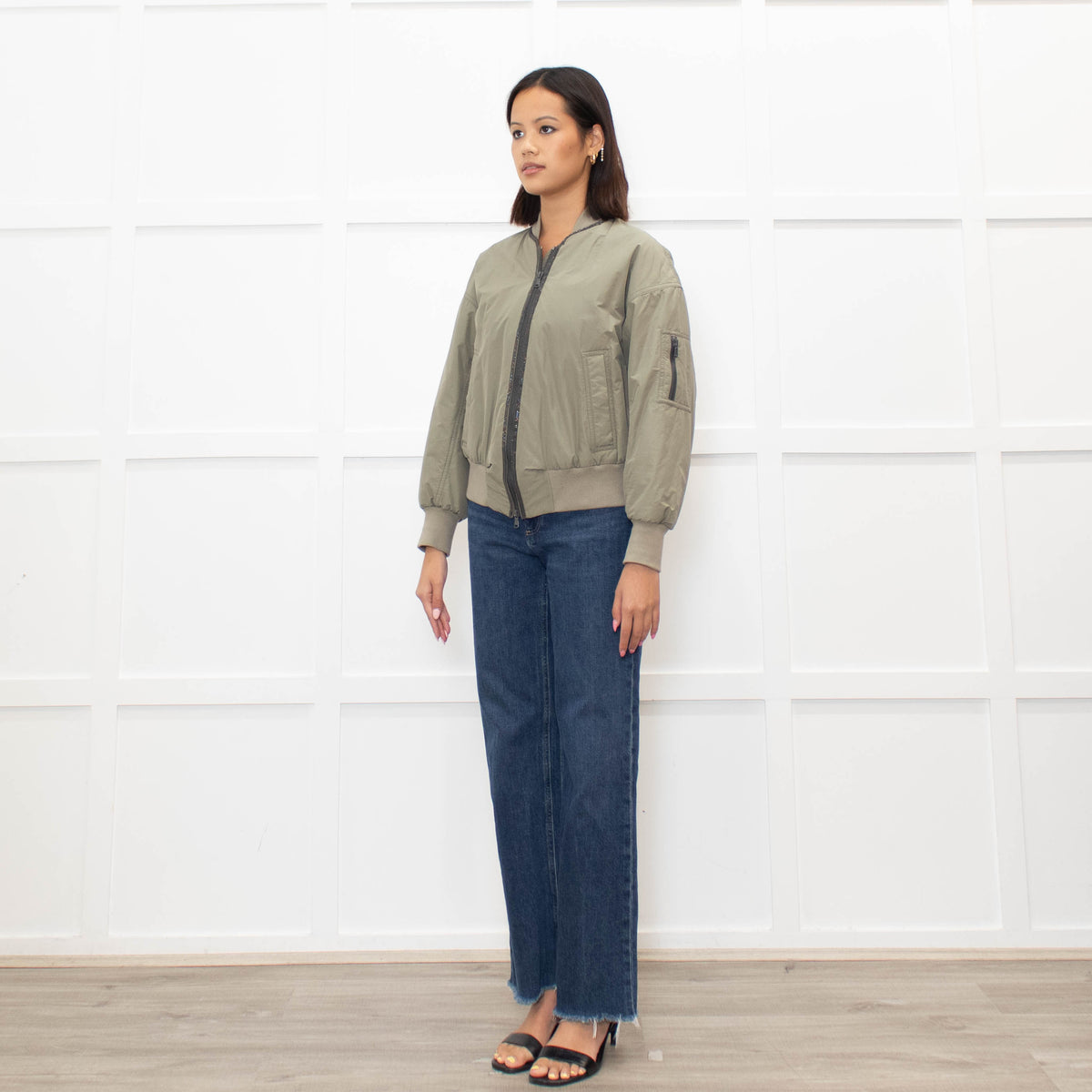 Brunello Cucinelli Green Sparkle Trim Bomber Jacket