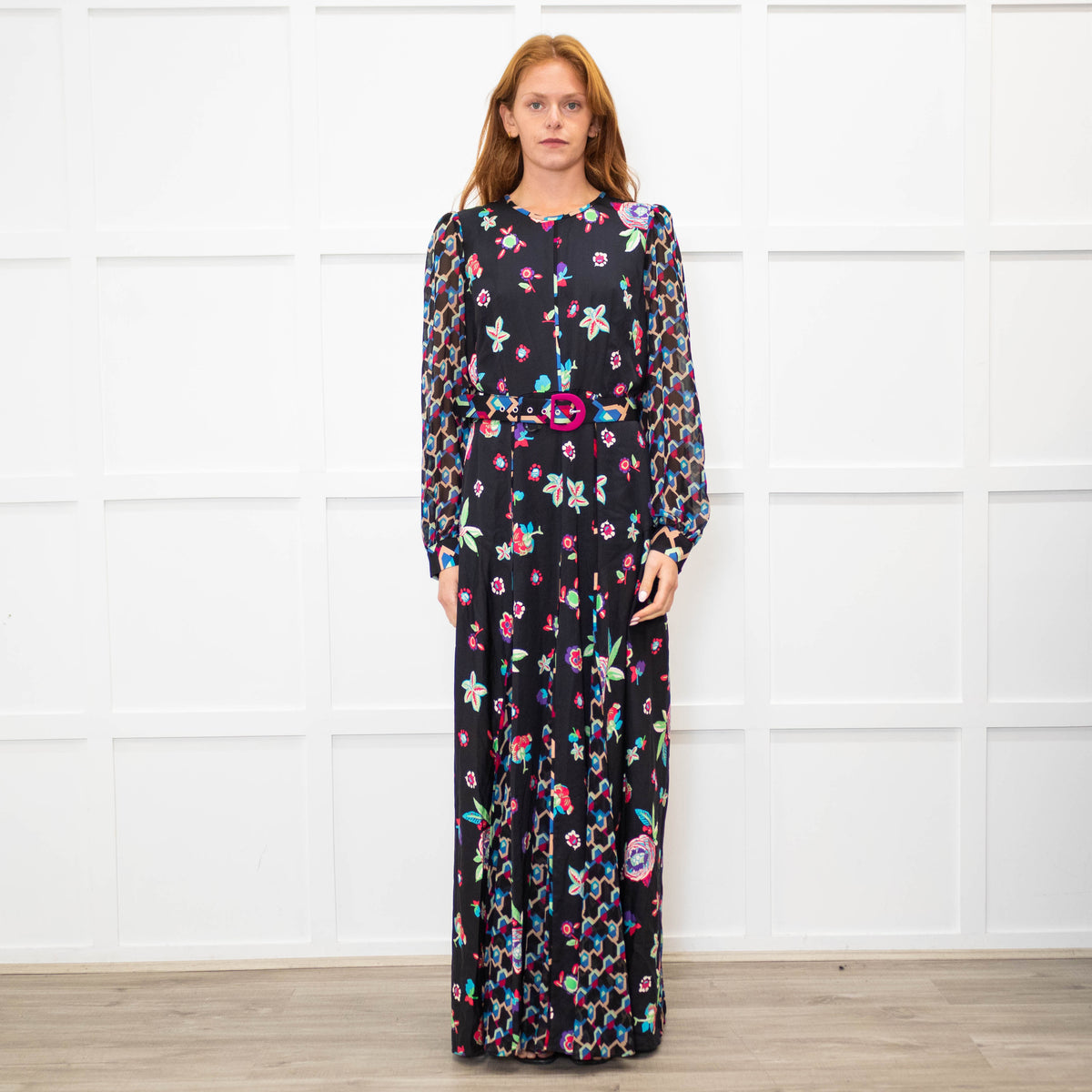 Diane Von Furstenberg Black Multi Colour Print Belted Maxi Dress