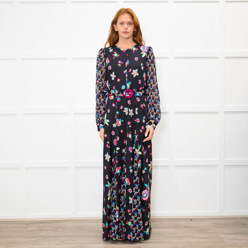 Diane Von Furstenberg Black Multi Colour Print Belted Maxi Dress