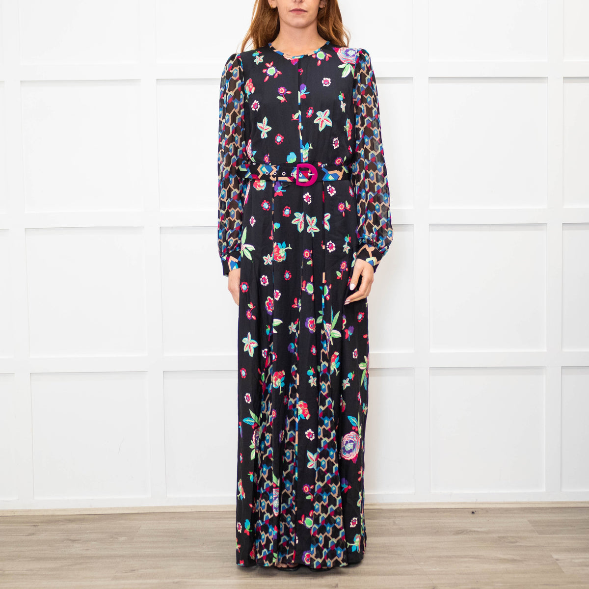 Diane Von Furstenberg Black Multi Colour Print Belted Maxi Dress