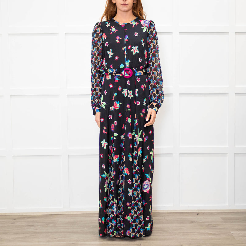Diane Von Furstenberg Black Multi Colour Print Belted Maxi Dress