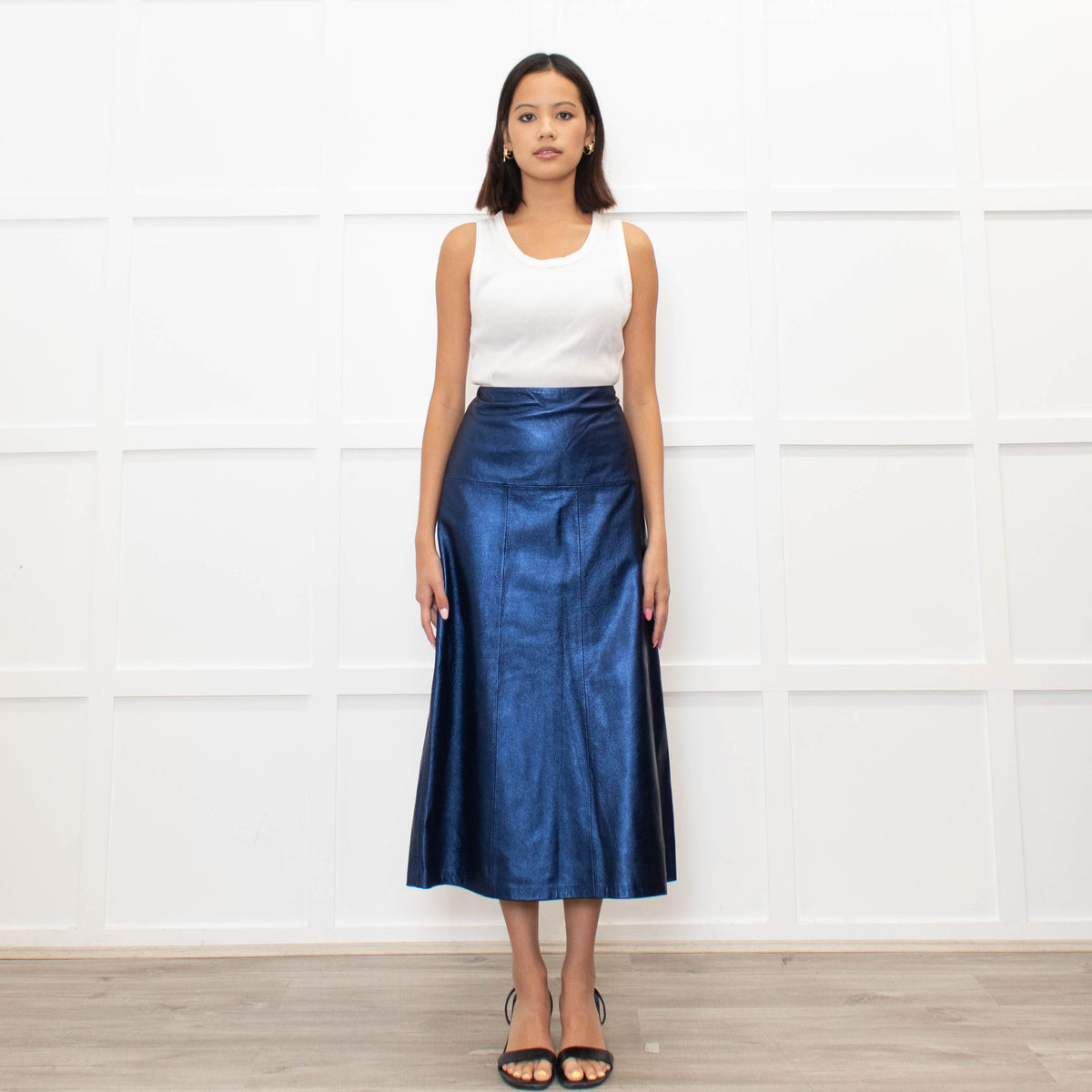 Cefinn Blue Metallic Leather Midi Skirt