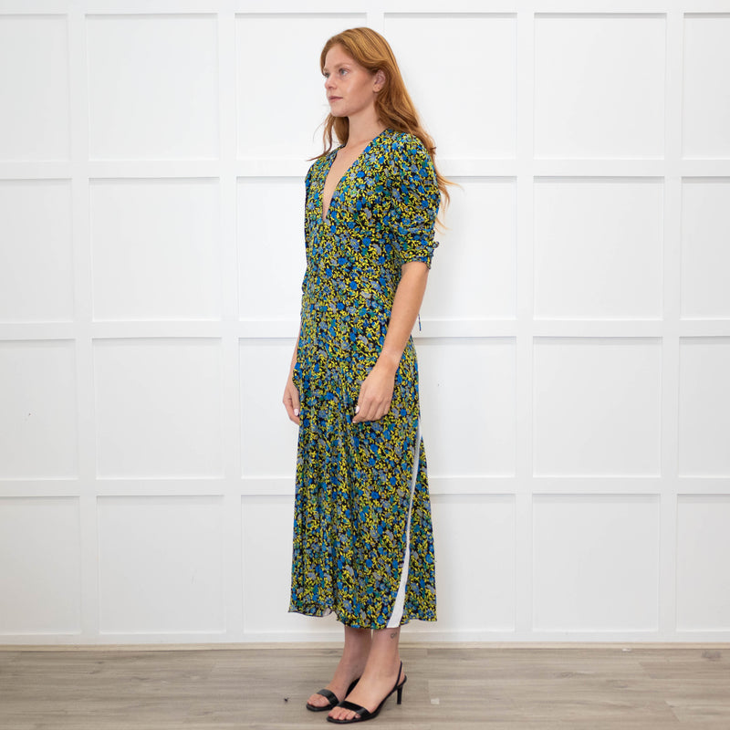 Victoria Beckham Black Blue Yellow Floral Long Sleeve Silk Dress
