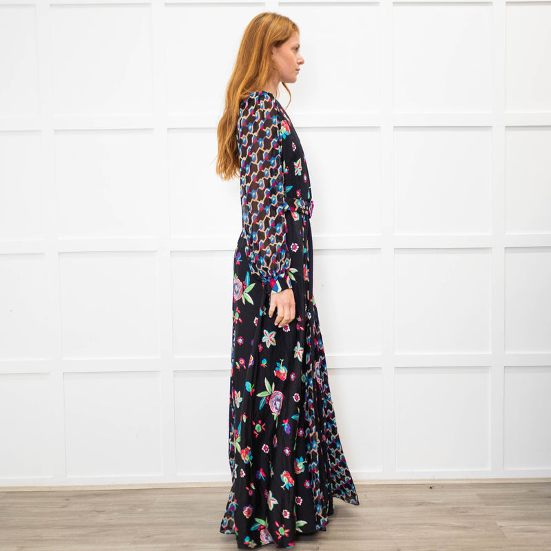 Diane Von Furstenberg Black Multi Colour Print Belted Maxi Dress