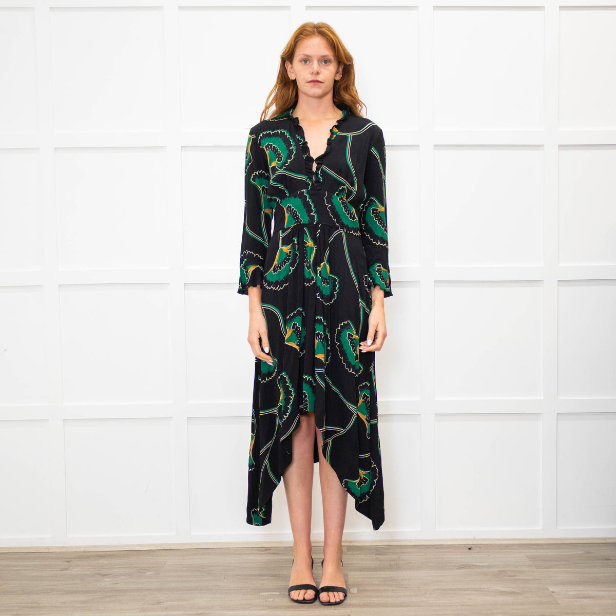 Ba&sh Black Green Frill Trim Midi Dress