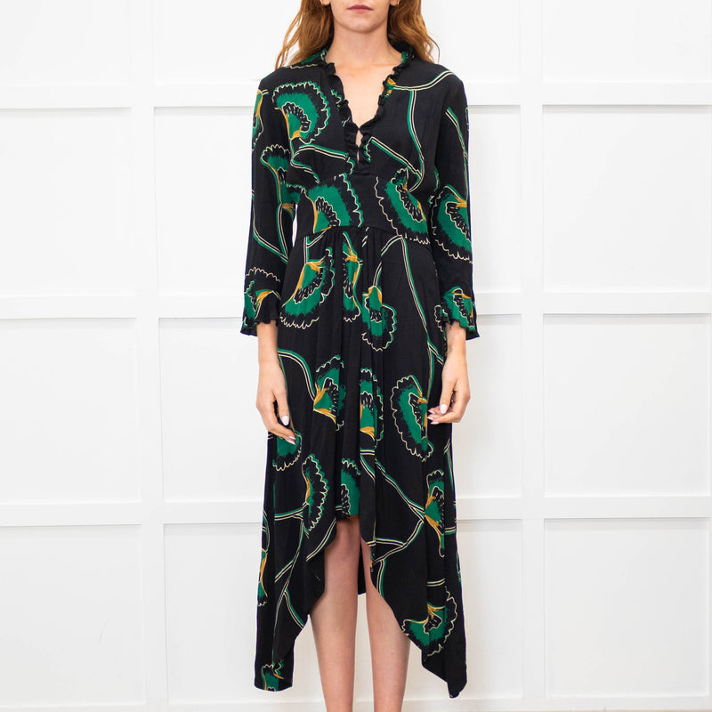 Ba&sh Black Green Frill Trim Midi Dress