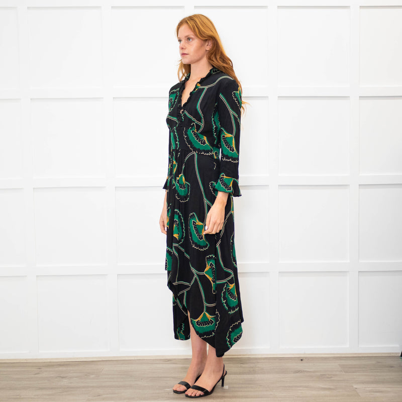 Ba&sh Black Green Frill Trim Midi Dress