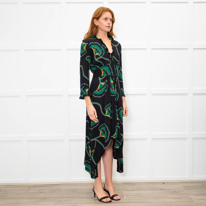 Ba&sh Black Green Frill Trim Midi Dress