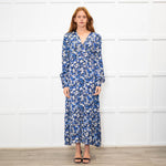 Jane Black Blue White Floral V-Neck Long Dress