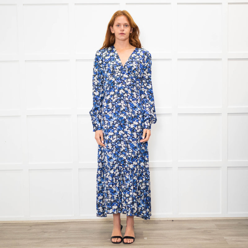 Jane Black Blue White Floral V-Neck Long Dress