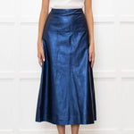 Cefinn Blue Metallic Leather Midi Skirt