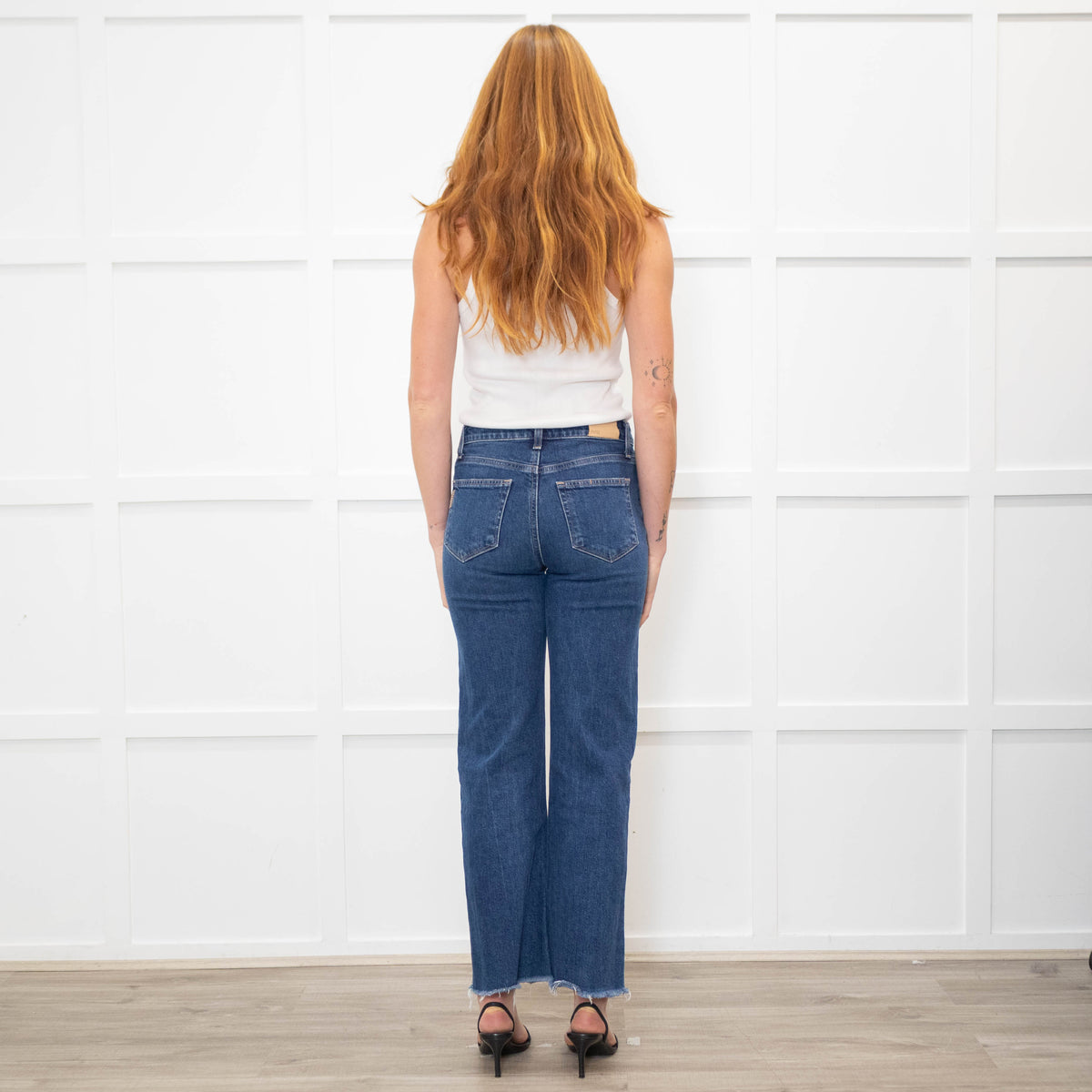 Paige Dark Blue Straight Leg Jeans With Pocket stitch