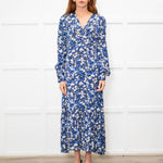 Jane Black Blue White Floral V-Neck Long Dress