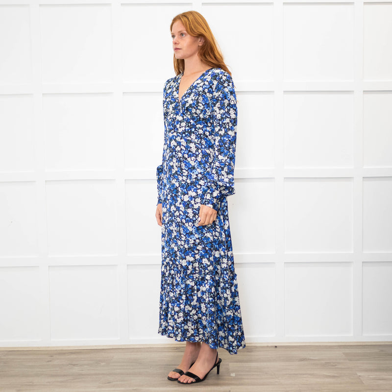 Jane Black Blue White Floral V-Neck Long Dress
