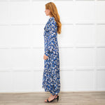 Jane Black Blue White Floral V-Neck Long Dress