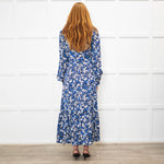 Jane Black Blue White Floral V-Neck Long Dress