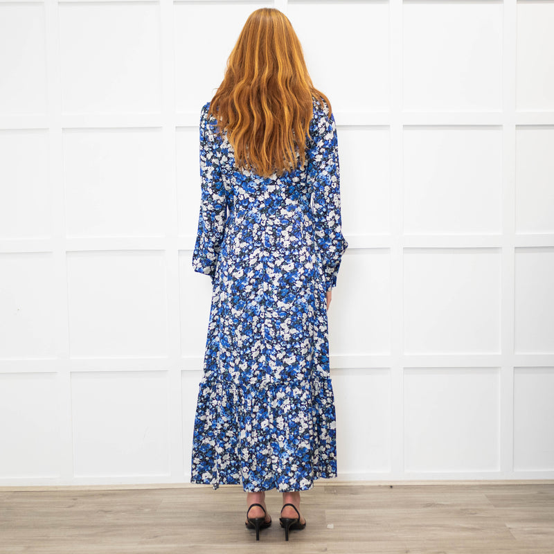 Jane Black Blue White Floral V-Neck Long Dress