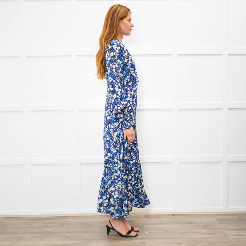 Jane Black Blue White Floral V-Neck Long Dress