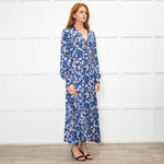 Jane Black Blue White Floral V-Neck Long Dress