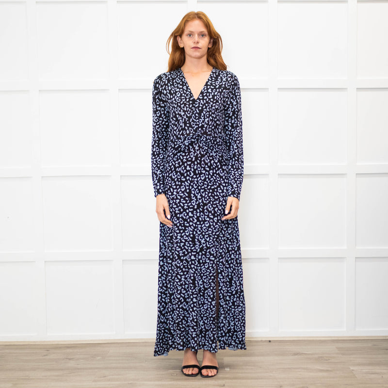 Rixo Black Blue Animal Print Jersey V-Neck Dress