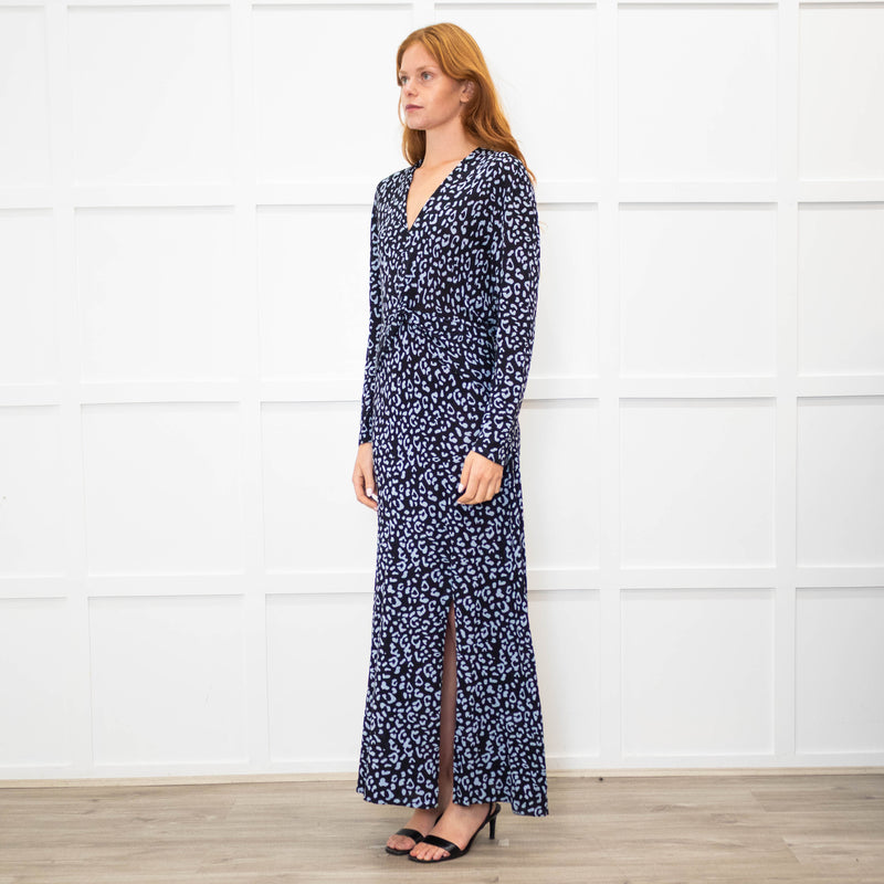 Rixo Black Blue Animal Print Jersey V-Neck Dress